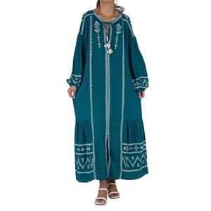 ZARA Embroidered Dress – Teal Long Sleeve Maxi with Tassel Tie Neck XS Oversize